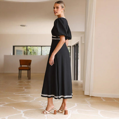 Women’s Long Dress – V-Neck – Fitted Waist – Puff Sleeve – Lace Trim Elegant Style