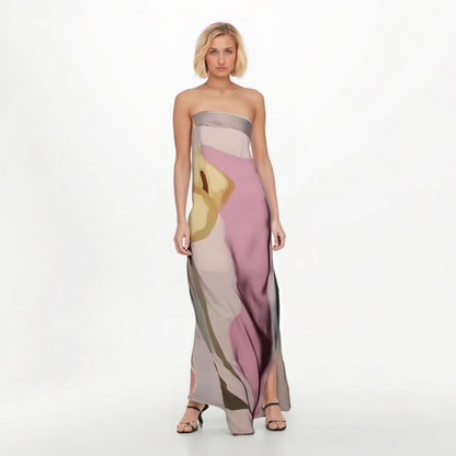 Women’s Strapless Midi Dress – Abstract Print – Flowing Fit – Lightweight Fabric