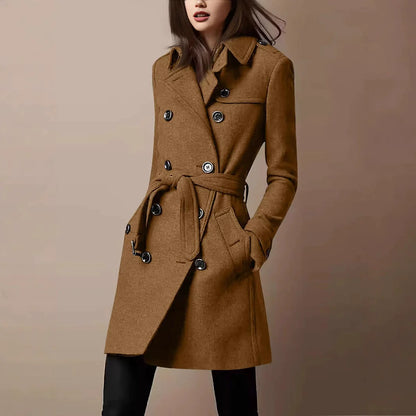 Women’s Coat – Slim Fit – Wool Blend – Double-Breasted – Belted Waist – Mid-Thigh
