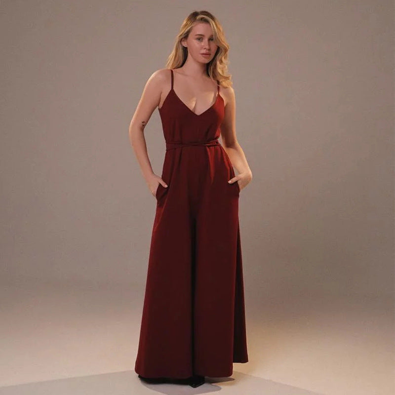 Women’s Jumpsuit – Linen Blend – Wide Leg – Loose Fit – V-Neck – Tie Waist