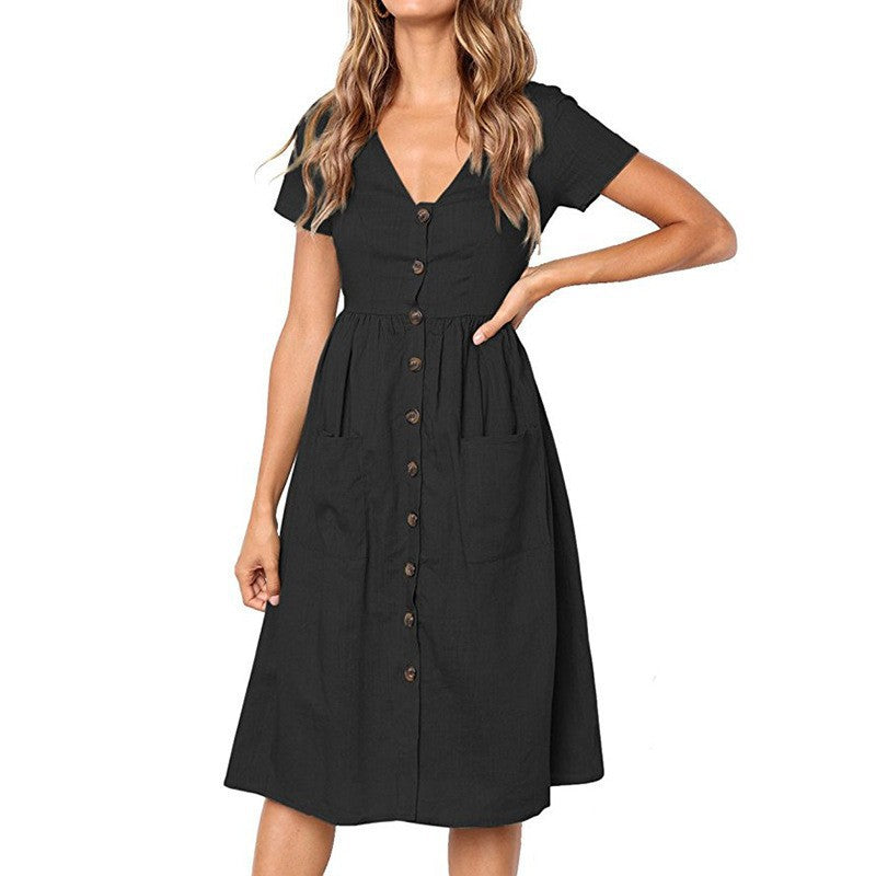 Women's Midi Dress - V-Neck Button Down - Short Sleeve - Casual Fit