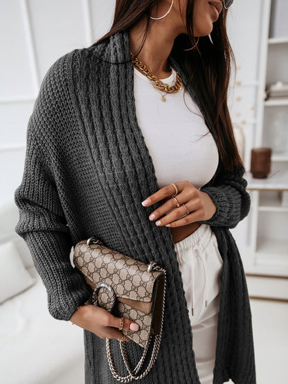 Women’s Long Cardigan – Wool Knit – Relaxed Fit – Open Front – Ribbed Texture Layer