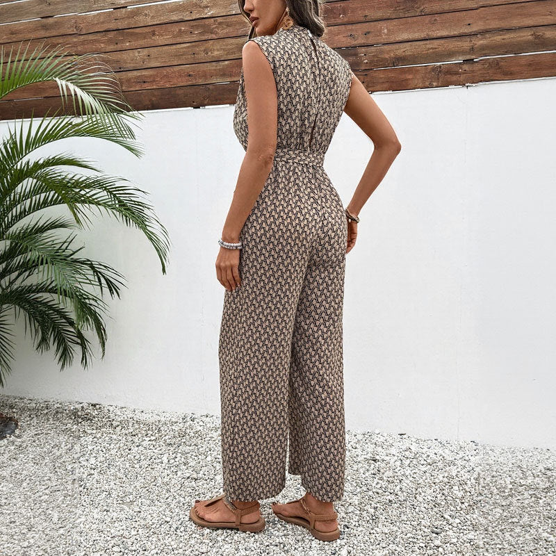Geometric Print Lightweight Tie Waist Jumpsuit