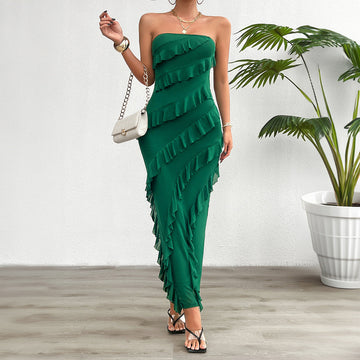 Women’s Strapless Dress – Bodycon Fit – Full Length – Asymmetrical Ruffle Design