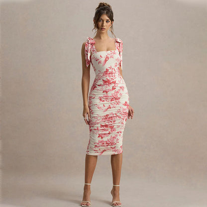 Women's Bodycon Dress - Floral Print - Tie Shoulder Straps - Slim Fit Midi-Length