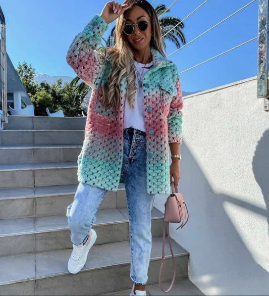 Chunky Knit Mid-Length Crocheted Cardigan