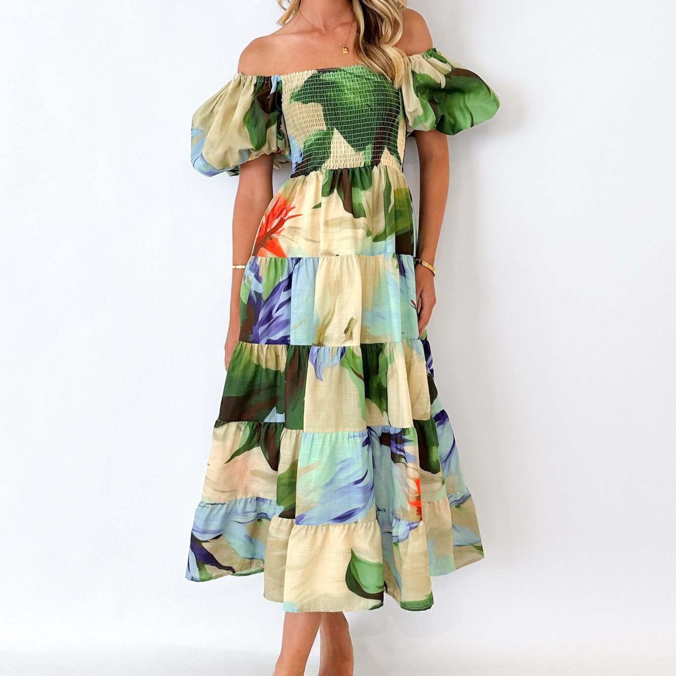 Women's Off-Shoulder Maxi Dress - Tiered Skirt - Vibrant Floral Print