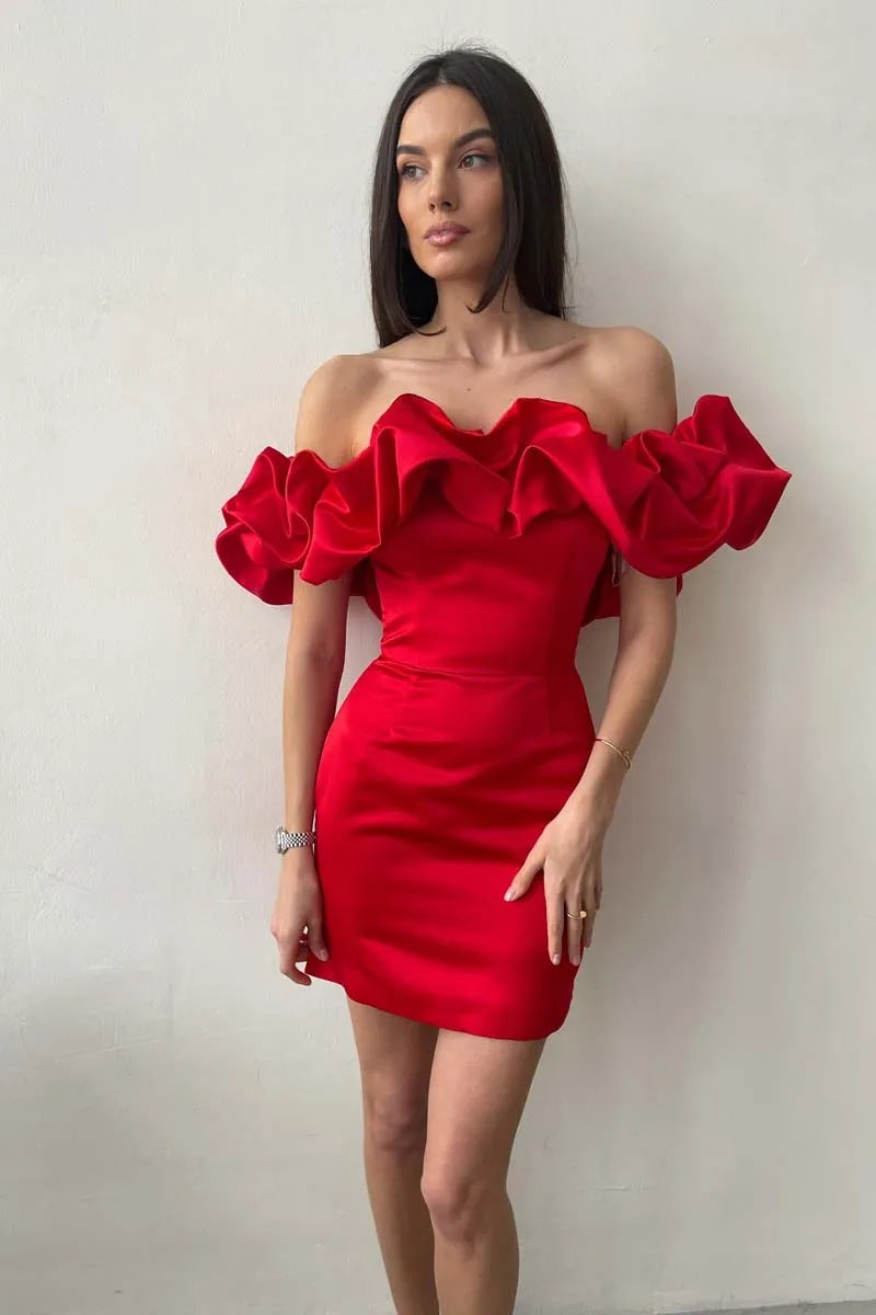 Women's Off-Shoulder Mini Dress - Ruffled Elegance - Fitted Silhouette