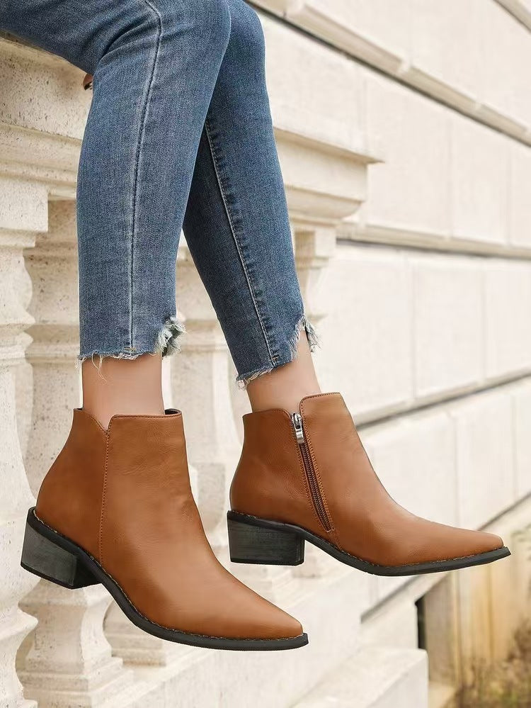 Leather Pointed Toe Low Block Heel Ankle Boots