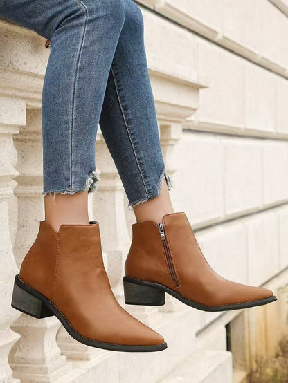 Women’s Ankle Boots - Leather - Pointed Toe - Low Block Heel