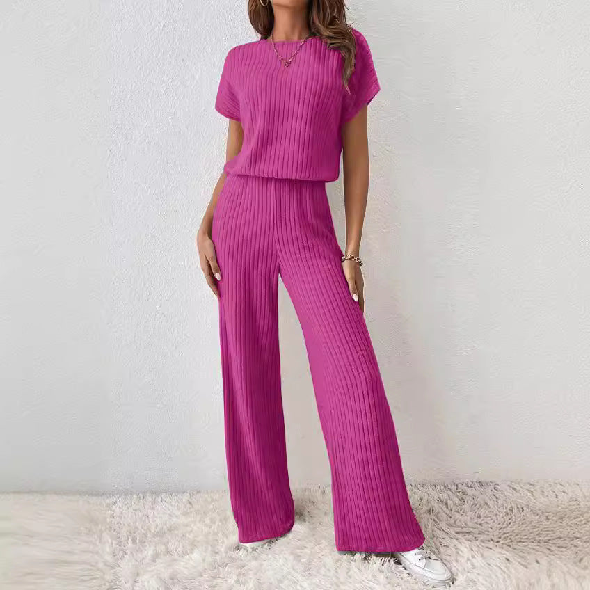 Women's Knitted Two-Piece Set - Ribbed Texture - Short Sleeve Top & Wide-Leg Pants
