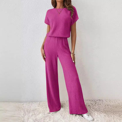 Women's Knitted Two-Piece Set - Ribbed Texture - Short Sleeve Top & Wide-Leg Pants