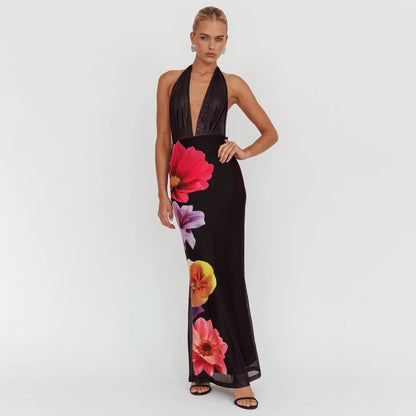 Women’s Maxi Dress – Slim Fit – Mesh Halter Neck – Deep V-Neck – Floral Print Elegance