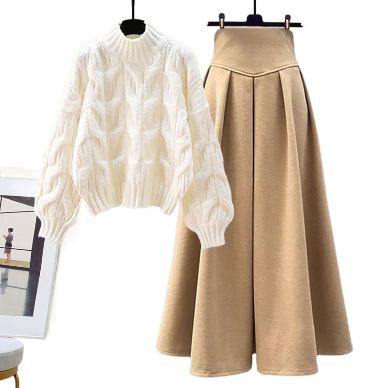 Women's slim fit knit sweater and skirt set - two-piece outfit