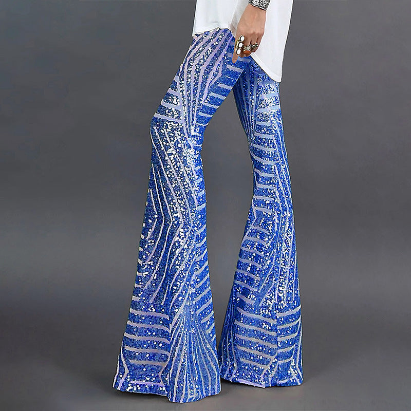 Women’s Pants – High Waist – Sequin Geometric Detail – Wide Leg – Full Length Fit