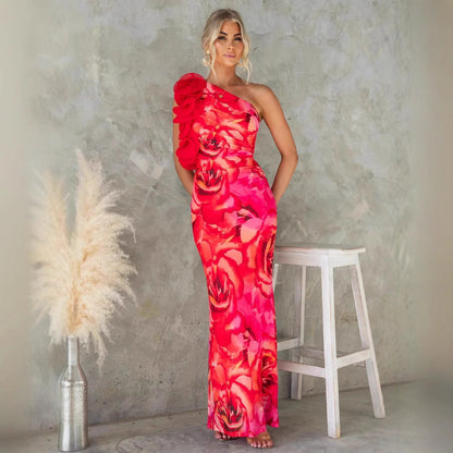 Women’s Midi Dress – Slim Fit – One Shoulder – 3D Floral Accent – Satin Finish