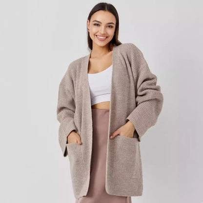Women’s Knitted Cardigan – Oversized Fit – Voluminous Sleeves – Long Open Front with Pockets