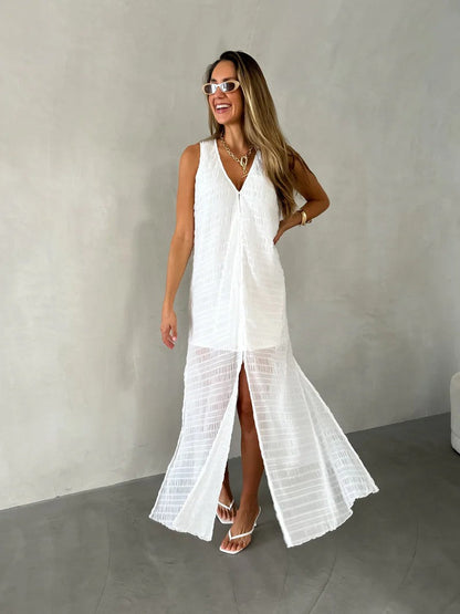 Women’s Long Dress – Lace Fabric – Sleeveless V-Neck – Flowy Fit with Front Slit