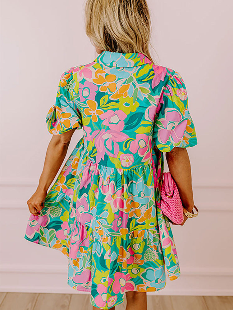 Women's Shirt Dress - Floral Print - Puff Sleeve - Button Down - A-Line Mini Fit