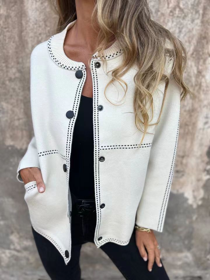 Women’s Cardigan – Loose Fit Knit – Button Front – Round Neck – Ribbed Trim Layer