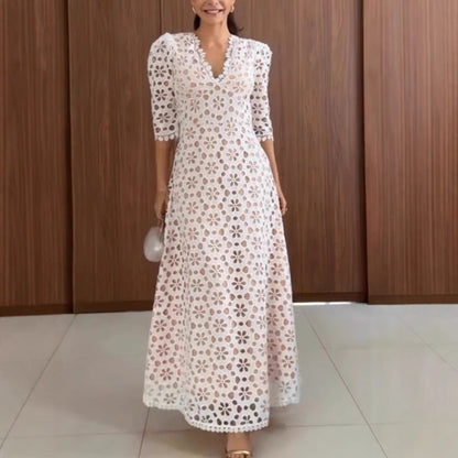 Women’s Lace Maxi Dress – V-Neck – A-Line Fit – Mid Sleeve – Floral Scalloped Hem