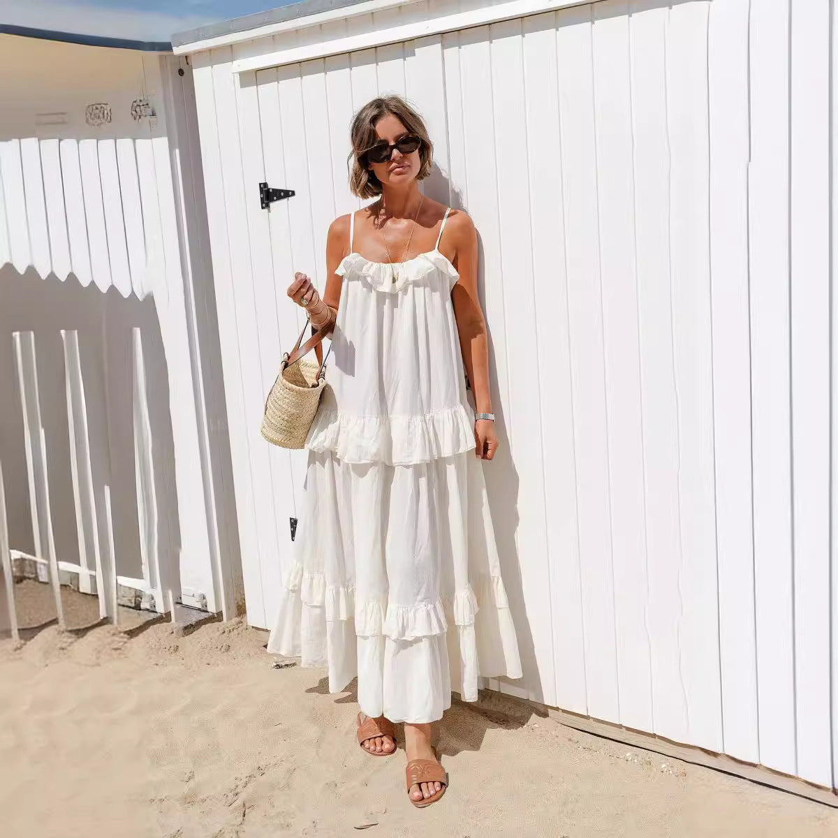 Women’s Maxi Dress – Lightweight Cotton Blend – Flowy Fit – Ruffle Neck – Tiered Skirt