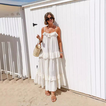 Women’s Maxi Dress – Lightweight Cotton Blend – Flowy Fit – Ruffle Neck – Tiered Skirt