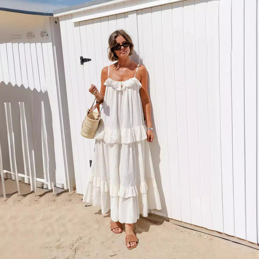 Lightweight Flowy Ruffle Neck Maxi Dress