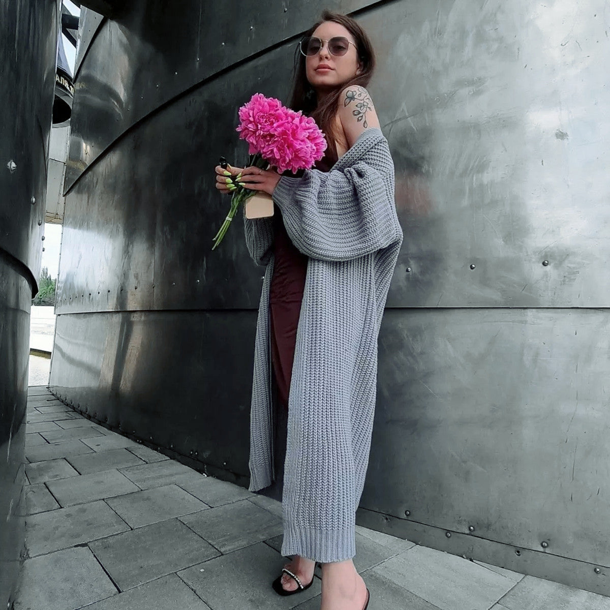 Oversized Wool Knit Long Sleeve Cardigan 