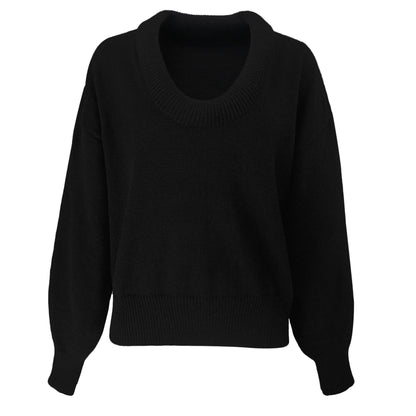Women’s Sweater – Loose Fit – Deep V-Neck – Wool Knit – Long Volume Sleeves – Ribbed Cuffs