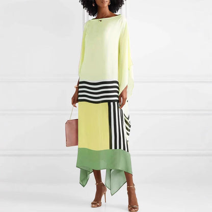 Women’s Asymmetrical Midi Dress - Striped Hem - Loose Fit - Elegant Long Sleeve