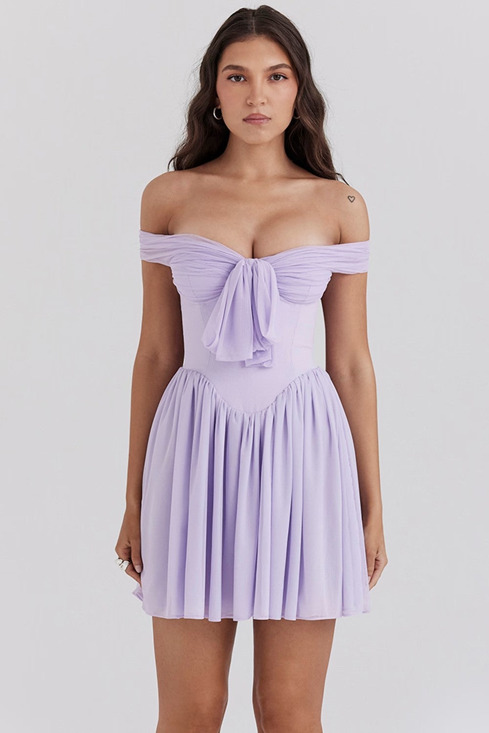 Women’s Mini Dress – Off Shoulder – Fit and Flare – Bow Front – Lightweight Fabric