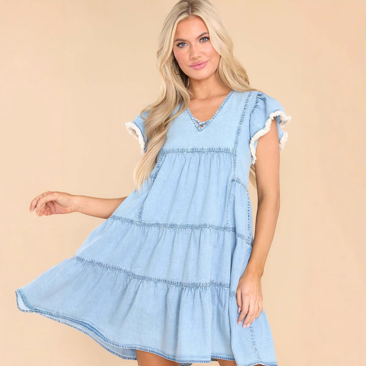 Women’s A-Line Mini Dress – Denim – Relaxed Fit – Ruffle Sleeve – Tiered Design