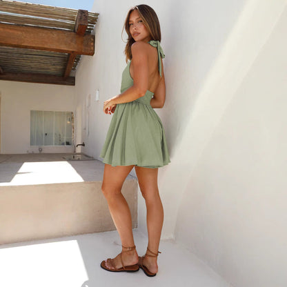 Women’s Halter Dress – Cotton Linen Blend – V-Neck – Cut-Out – Flared Mini – Open Back