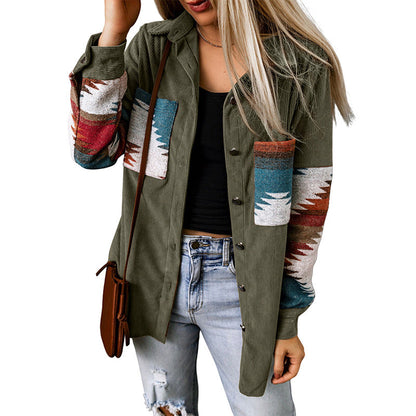 Women’s Cardigan Jacket – Corduroy Texture – Aztec Pattern – Relaxed Fit – Button-Up