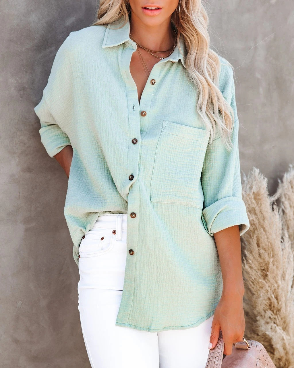 Women's Oversized Button-Up Shirt - Soft Cotton - Long Sleeve - Relaxed Fit