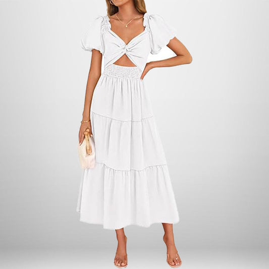 Puff Sleeve Smocked Waist Midi Dress
