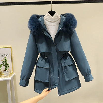 Women’s Parka Jacket – Mid-Length – Quilted Lining – Faux Fur Hood – Drawstring Waist