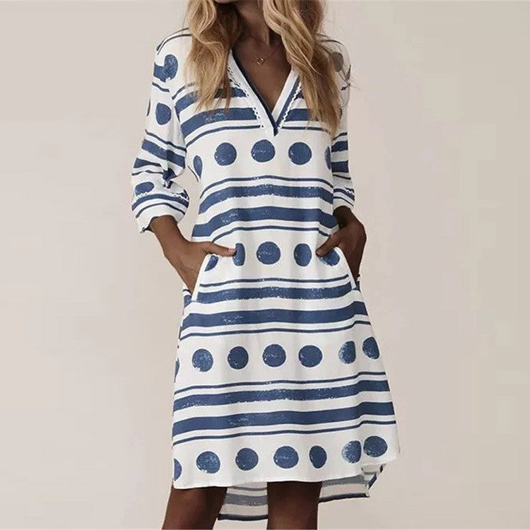 Women's Shift Dress - V-Neck - Long Sleeve - Polka Dot & Stripe Pattern - Knee-Length - Pocket Design