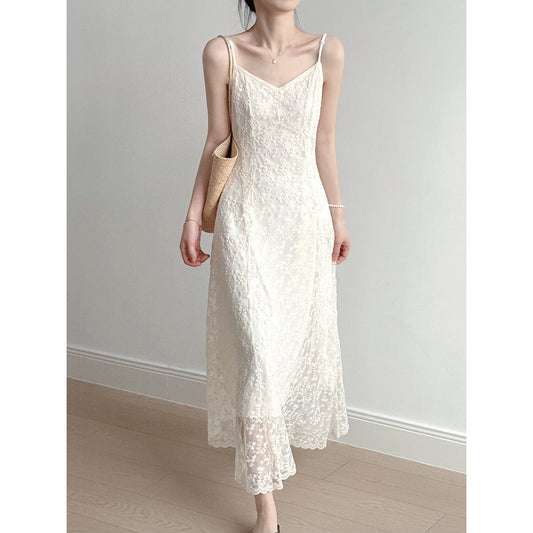 Slim Lace Embroidered Spaghetti Strap Maxi Dress