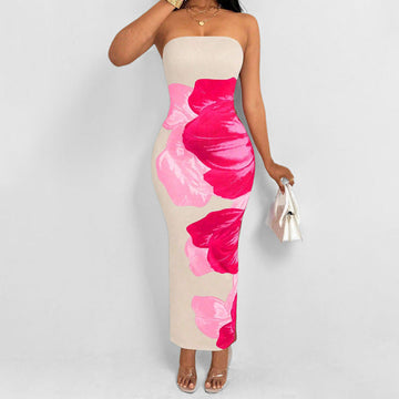 Women’s Strapless Dress – Slim Fit – Satin Feel – Floral Print – Full Length Formal Wear