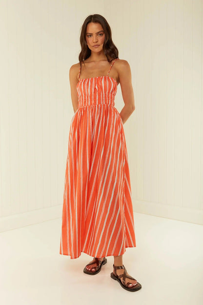 Women’s Maxi Dress – Lightweight Cotton Blend – Ruched Bodice – Spaghetti Straps
