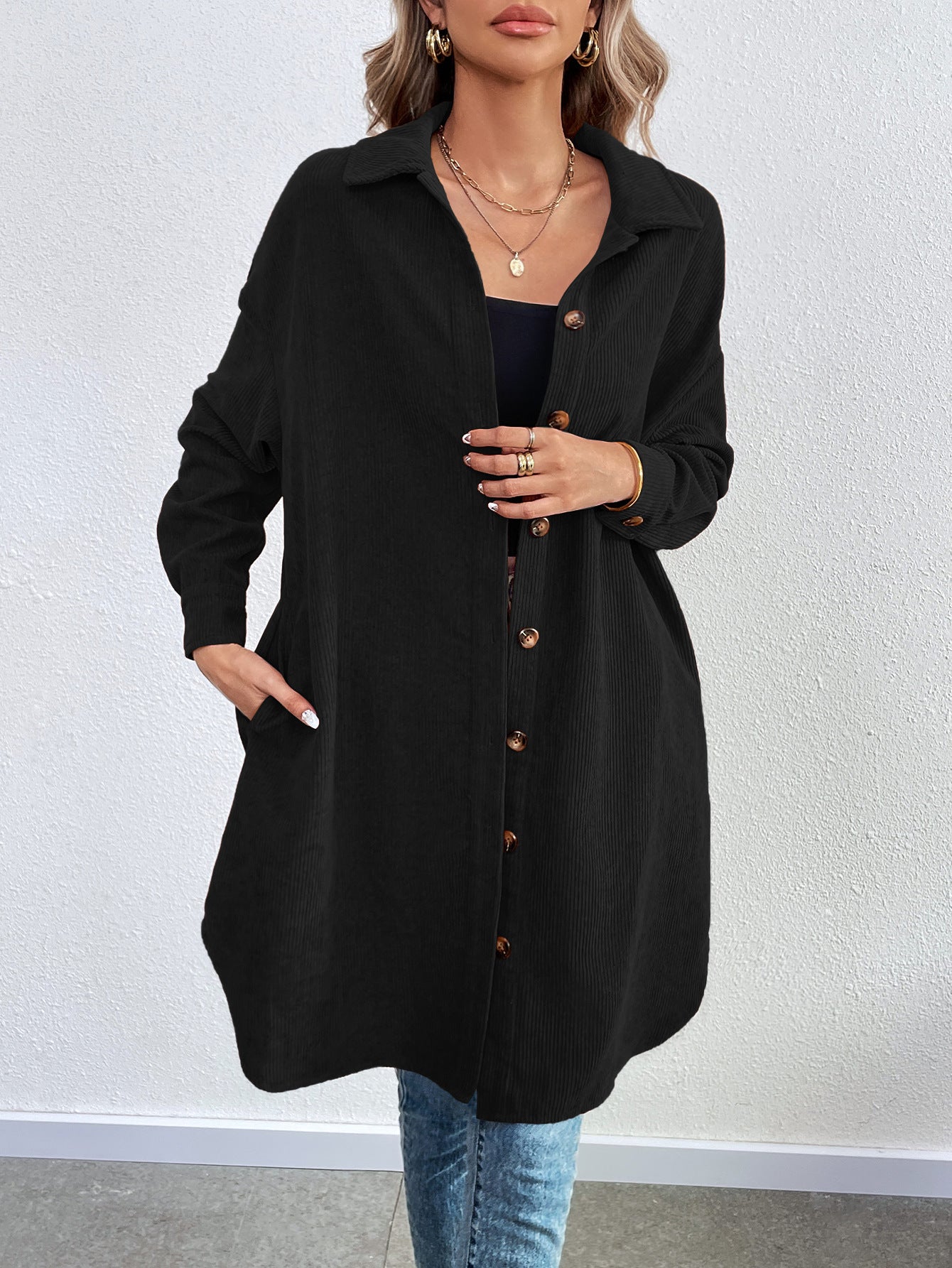 Women's casual button down knee length jacket with pockets