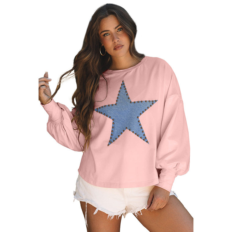 Women’s Sweatshirt – Relaxed Fit – Star Print with Stud Embellishment – Long Sleeve