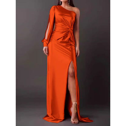 Women’s Maxi Dress – One Shoulder – Satin Finish – High Slit – Ruched Slim Fit