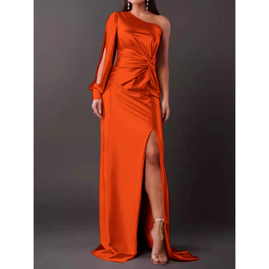 Satin Finish One Shoulder Maxi Dress