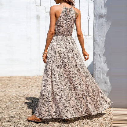 Women’s Halter Neck Dress – A-Line Fit – Polka Dot – High Slit – Full Length Elegant Style
