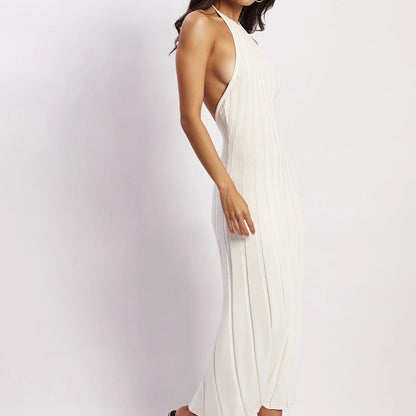 Women’s Knit Midi Dress – Halter Neck – Ribbed Bodice – Pleated Skirt – Slim Fit