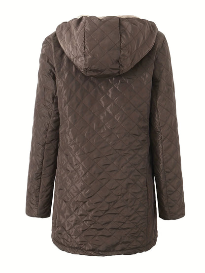 Women’s Quilted Hooded Jacket – Plush Lined – Relaxed Fit – Mid-Thigh Length Warm Outerwear