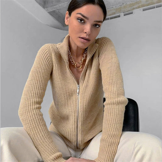 Ribbed Fitted Zipper Front Knit Cardigan 